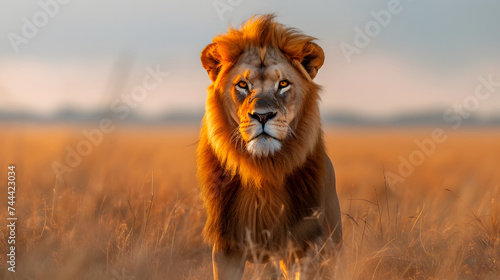 A lion stands in a golden field of grass, with trees in the background. © lam