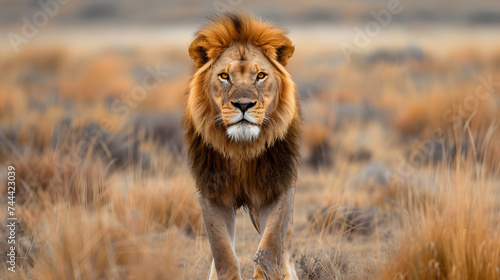 A lion stands in a golden field of grass  with trees in the background.