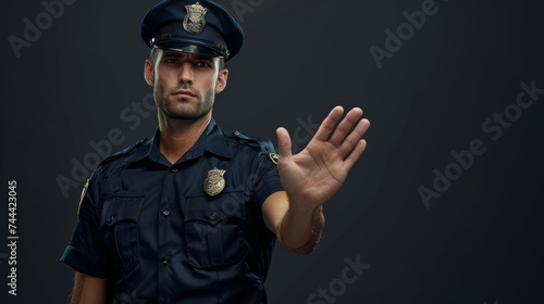 Man dressed as a police officer doing a stop gesture with his hand