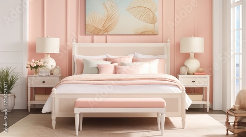 Cozy Coastal-inspired Bedroom with Soft Seashell Pink Walls and Seaside Tranquility Design a cozy coastal-inspired bedroom with soft seashell pink walls