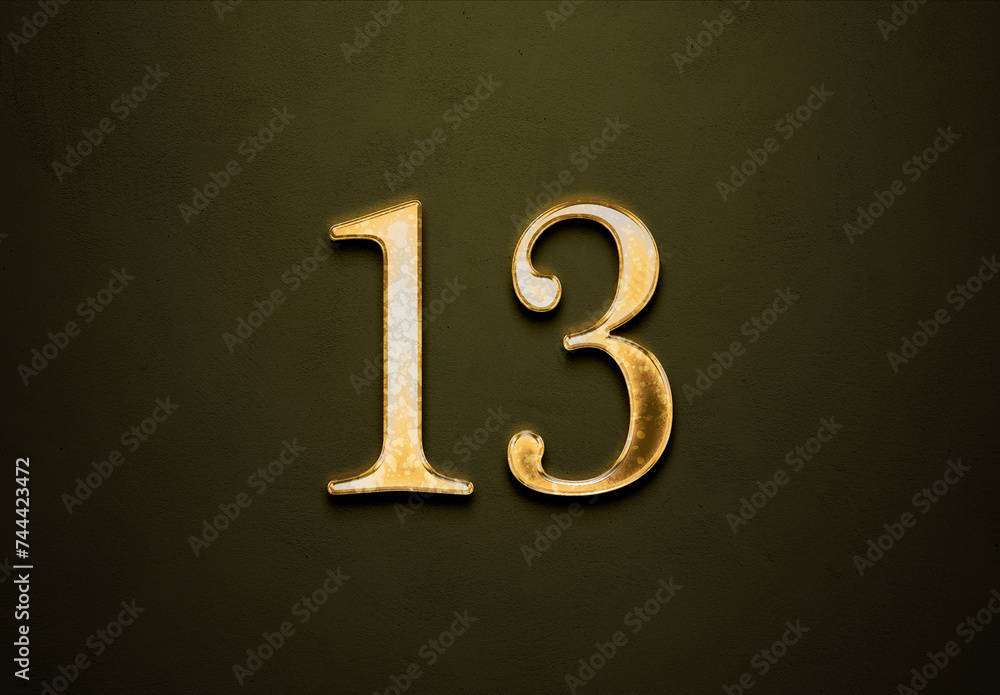 Old gold effect of 13 number with 3D glossy style Mockup. Old gold effect of 13 number with 3D glossy style Mockup.