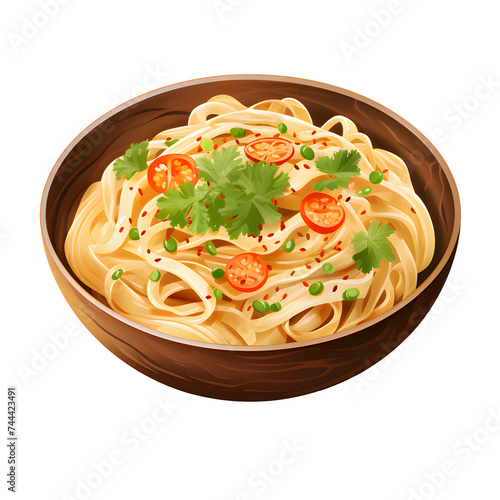 spaghetti with tomato sauce and basil decorated with green leaves on top on a white transparent background