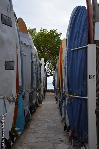 Waikiki surfboard, range of surf by the ocean, people, city, travel