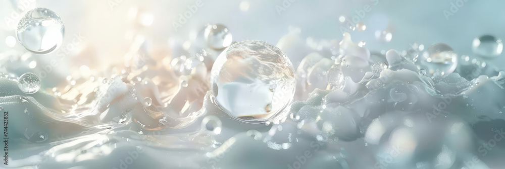  water drops and bubbles, molecules organic compounds blue background,Collagen Skin Serum and Vitamin ,  bubbles in water, playful and vibrant, for beauty skin care cosmetics, spa products,banner - obrazy, fototapety, plakaty 