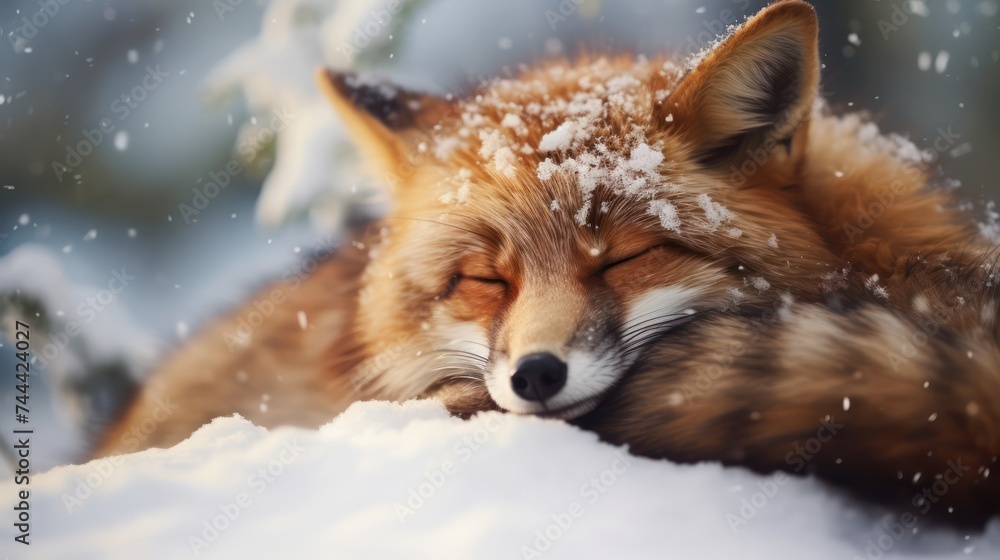A Brown Fox is sleeping on the snow. Fox family with overly hungry faces in fox village, abstract background. beautiful scenery, perfection.