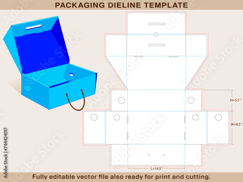 Rope Handle Shoe Box Die line of Extra Large size 14.5 x 8.5 x 5.5 Inch | One piece corrugated shoebox die line template
