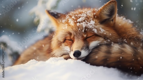 A Brown Fox is sleeping on the snow. Fox family with overly hungry faces in fox village  abstract background. beautiful scenery  perfection.