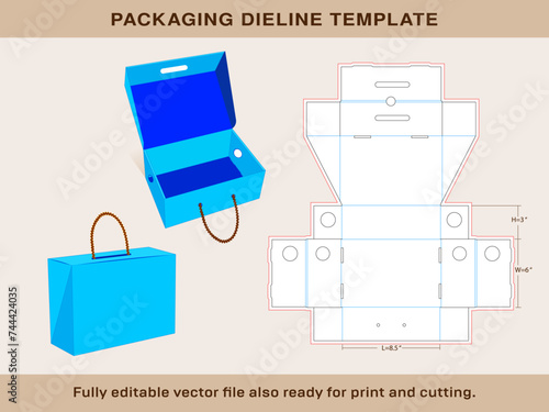 Rope Handle Shoe Box Die line template of Mini size 8.5 x 6 x 3 Inches | One piece corrugated shoebox die line template