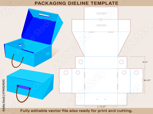Rope Handle Shoe Box Die line of Large size 13.25 x 10 x 5 Inch | One piece corrugated shoebox die line template