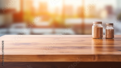 Wood table top on blur kitchen counter 