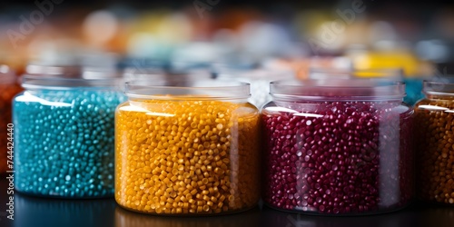 Vibrant plastic pellets used in manufacturing and polymer processing industry products. Concept Plastic Pellets, Manufacturing Industry, Polymer Processing, Vibrant Colors