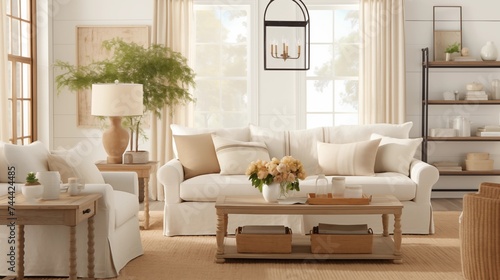 Cozy Cottage-inspired Living Room with Soft Beige Walls and Vintage Accents Create a charming and cozy cottage living room with soft beige walls that exude warmth and comfort