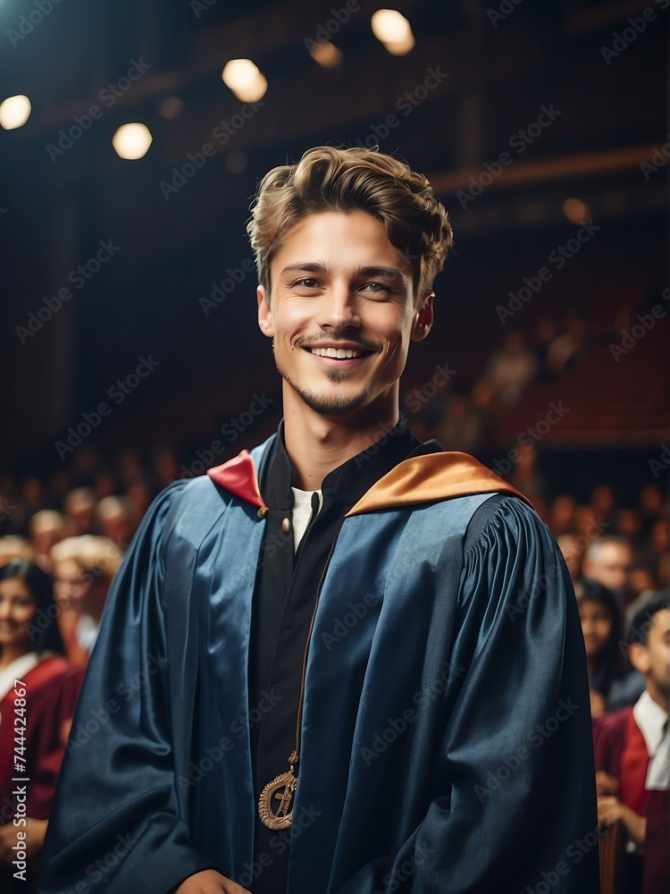 Fototapeta premium Happy smiling young handsome caucasian man on graduation outfit on a stage in the university from Generative AI