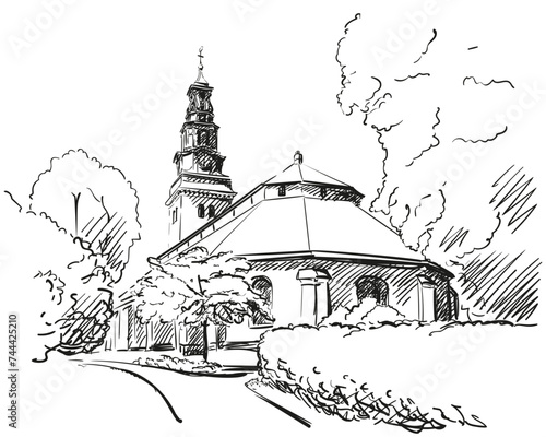 Church in Sweden vector sketch, Old religious building surrounded by trees, Köping church baroque style tower hand drawn illustration architecture photo