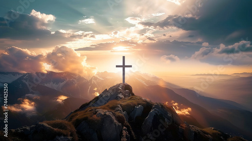 Jesus cross on mountain hill christian son of god resurrection easter concept sunrise new day christ holy #744425250