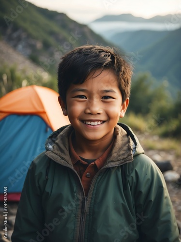 Portrait of a happy smiling cute filipino kid boy on camping site at the mountain with a tent on the background from Generative AI