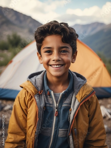 Portrait of a happy smiling cute hispanic kid boy on camping site at the mountain with a tent on the background from Generative AI