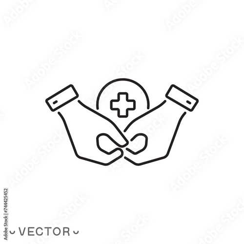 hands holding medical cross icon, provision of first aid, medical care, thin line symbol isolated on white background, editable stroke eps 10 vector illustration