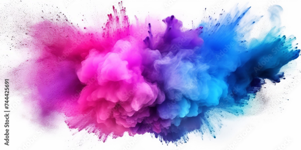 Fototapeta premium a colorful splash painting on white background, blue pink purple powder dust paint red explosion explode burst isolated splatter abstract. rainbow smoke or fog particles explosive special effect