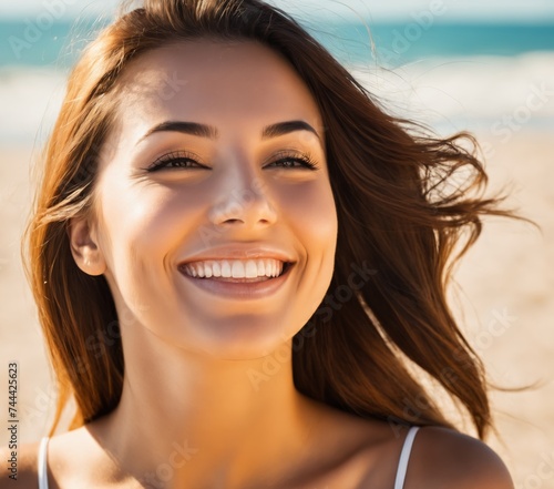 a woman with long hair smiling at the camera on a beach with the sun shining on her face  © Portrait sensual