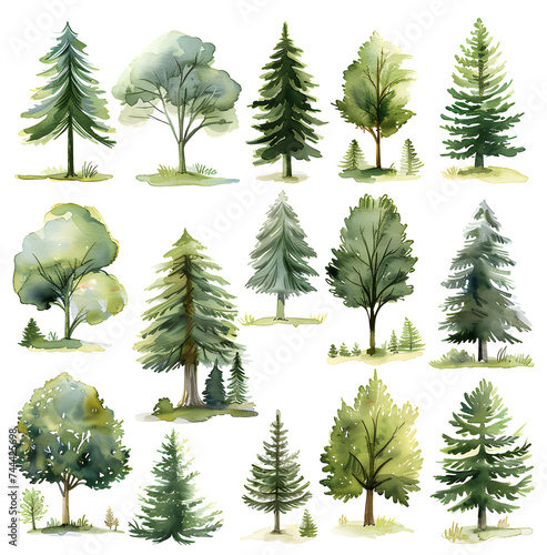  natural landscapes with watercolor illustrations of trees in various tones