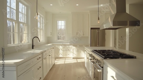Clean and modern kitchen with white cabinets and countertops  illuminated by natural light streaming through the windows.