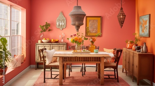 Eclectic Boho-chic Dining Room with Soft Coral Walls and Global Flair Create an eclectic boho-chic dining room with soft coral walls