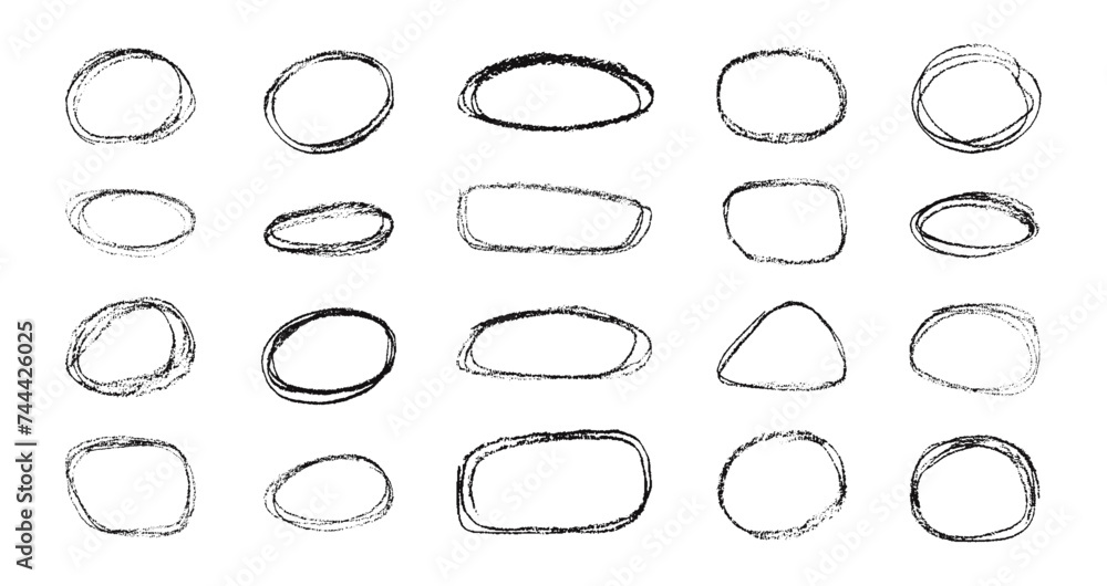 Oval Frames for text hand-drawn with charcoal pencil. Lines and highlights for information and notes in Doodle style. Elements for decorating notebooks scrawled by child. Hand drawn textbox
