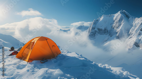 An orange tent pitched on a snow-covered mountain peak with the sun rising above the clouds and mountains in the background.