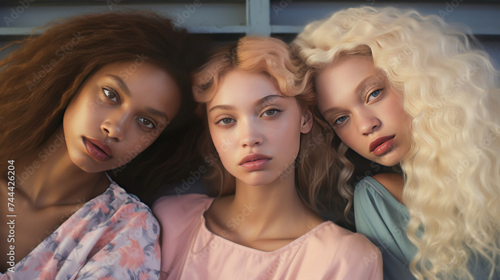 Fototapeta premium Three beautiful young girls of different nationalities are standing together