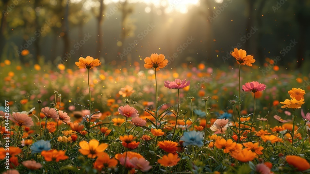 Summer Symphony, Colorful Flower Meadow with Sunbeams and Bokeh Summer Symphony, Colorful Flower Meadow with Sunbeams and Bokeh