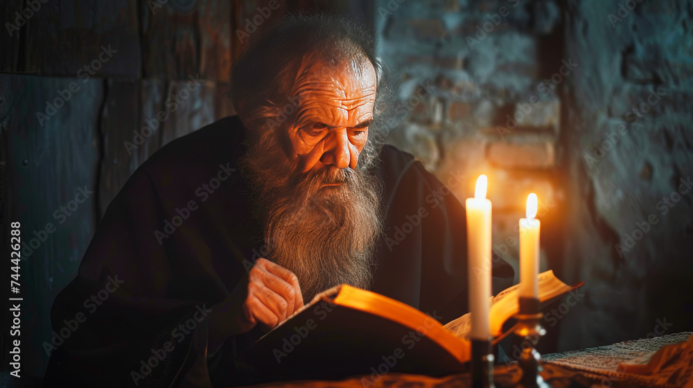 Fototapeta premium An aged bearded orthodox christian monk reading bible