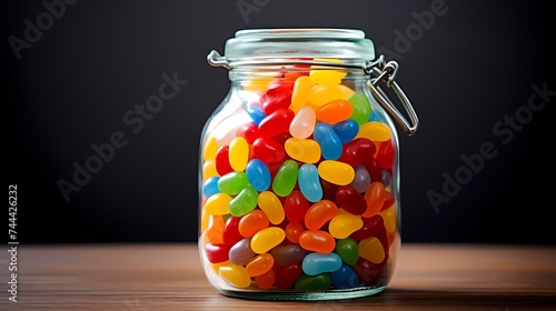 A jar filled with colorful jelly beans.