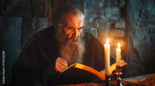 An aged bearded orthodox christian monk reading bible