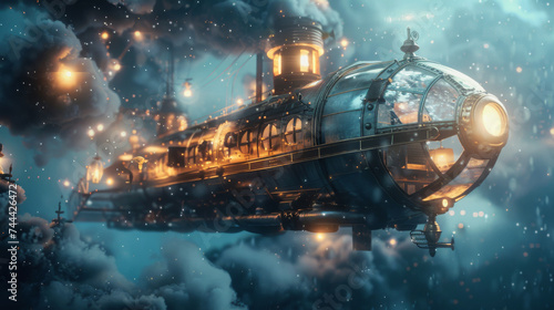 Fantasy steampunk submarine under water