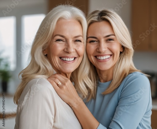 Happy blonde elderly mom and young daughter woman posing at home, 