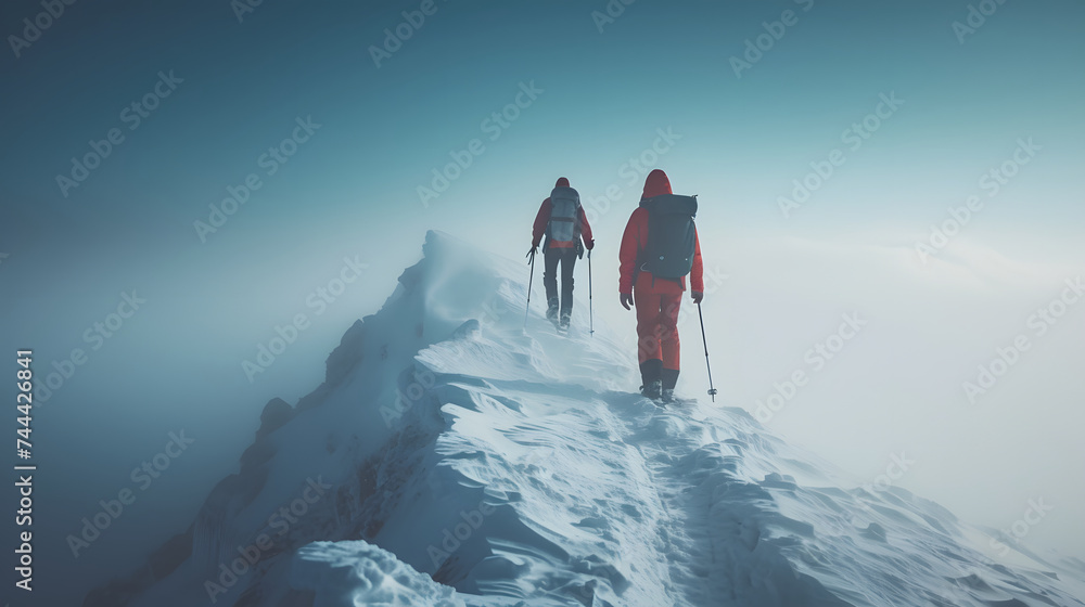 people wearing red coats and backpacks trekking up a snow-covered mountain. - obrazy, fototapety, plakaty 