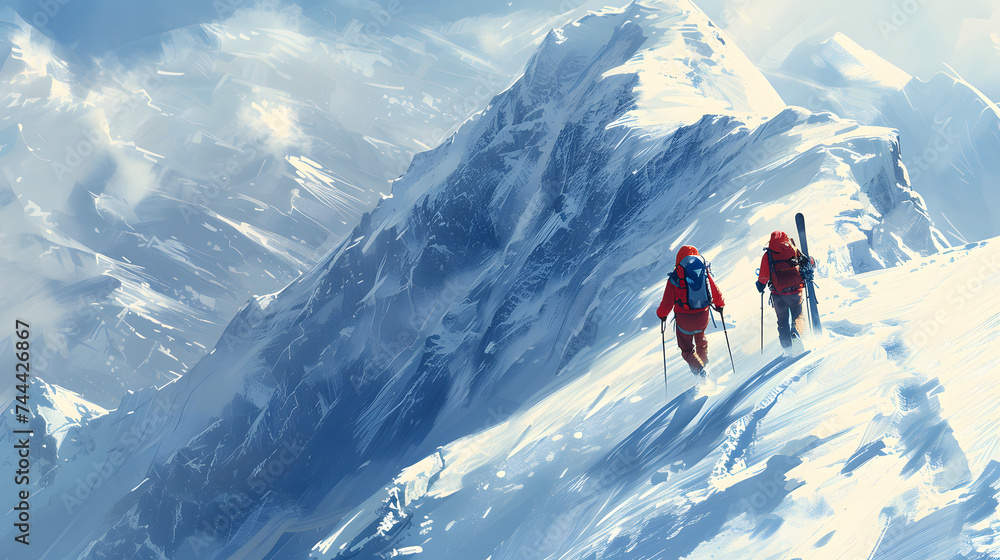 people wearing red coats and backpacks trekking up a snow-covered mountain. - obrazy, fototapety, plakaty 