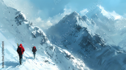 people wearing red coats and backpacks trekking up a snow-covered mountain.