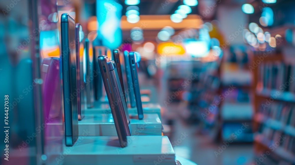 © Good moose - Modern smartphones on display. A vibrant image of the latest cell phones in a row, showcased in a store with a blurred background featuring colorful bokeh lights.