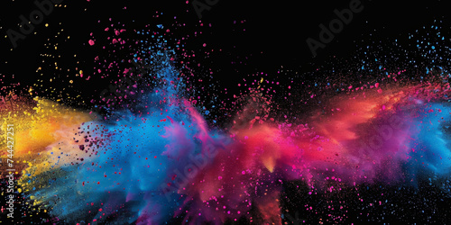 Explosion of colorful powder on black background. rainbow explosion explode burst isolated splatter abstract,Colorful rainbow holi powder splash, smoke or fog particles explosive special effect © Planetz