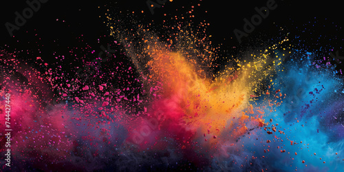 Explosion of colorful powder on black background. rainbow explosion explode burst isolated splatter abstract,Colorful rainbow holi powder splash, smoke or fog particles explosive special effect