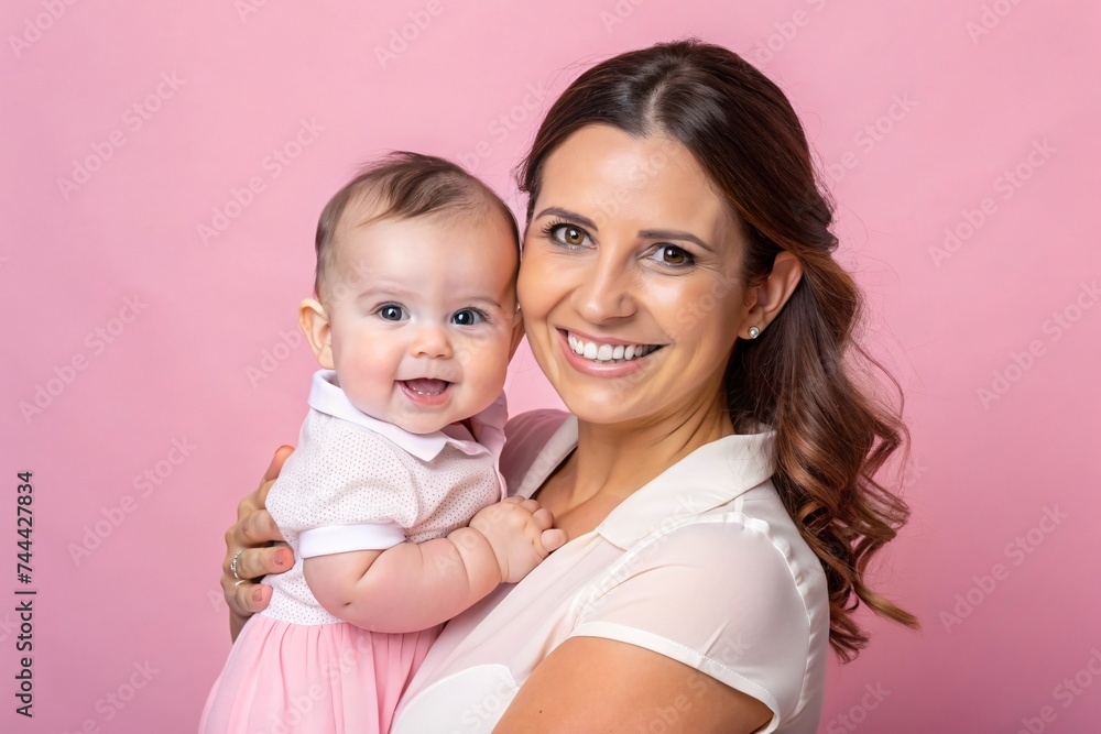 Portrait of happy young mother with her cute baby on pink background Portrait of happy young mother with her cute baby on pink background