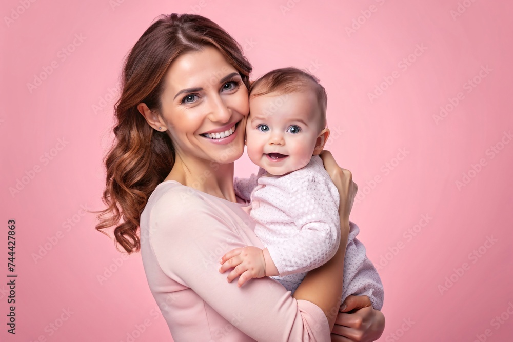 Portrait of happy young mother with her cute baby on pink background