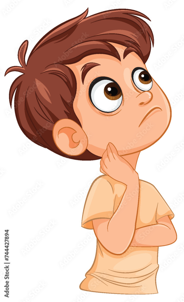 Cartoon boy with hand on chin thinking deeply Cartoon boy with hand on chin thinking deeply