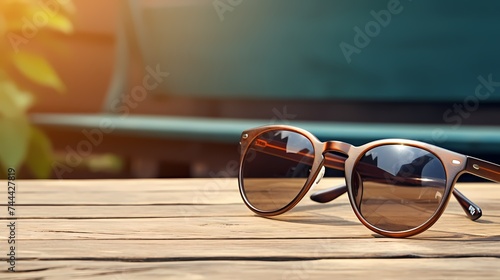 A pair of sunglasses resting on a wooden table.
