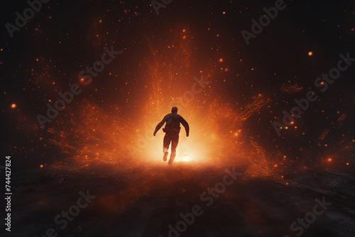 Sci-fi, fantasy, states of mind concept. Man dark silhouette running into unknown surreal landscape background. Abstract, surreal and chaotic landscape background with copy space © Rytis