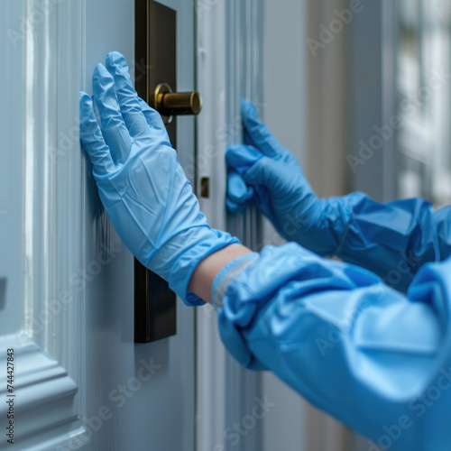 Housekeeper wear gloves to clean door handles. with antiseptic during viral or COVID-19 epidemic. cleaning staff for safety protection from dirt. Contract company Maintaining tidiness of residence