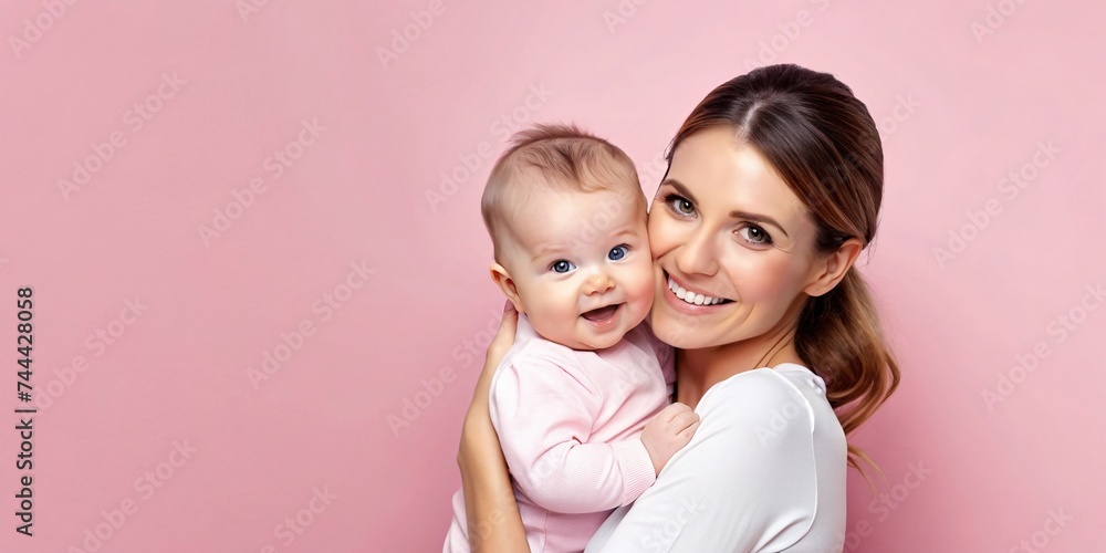 Portrait of happy young mother with her cute baby on pink background, copy space Portrait of happy young mother with her cute baby on pink background, copy space