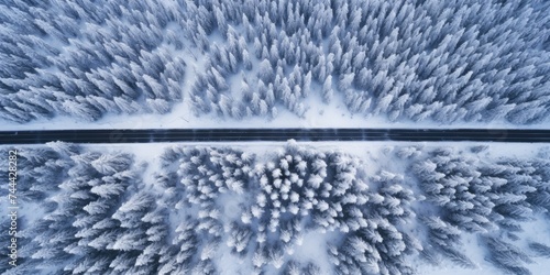 Snowy Serenity: Aerial View of Highway Cutting Through a Winter Forest © Murda
